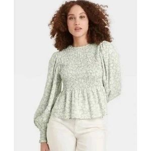 Sage Green Floral Smocked Blouse